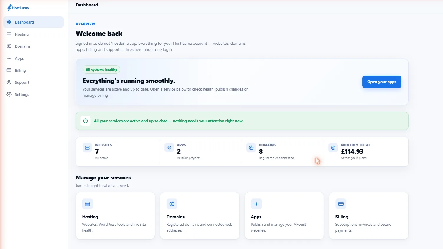 Host Luma portal dashboard showing account status, services and quick actions